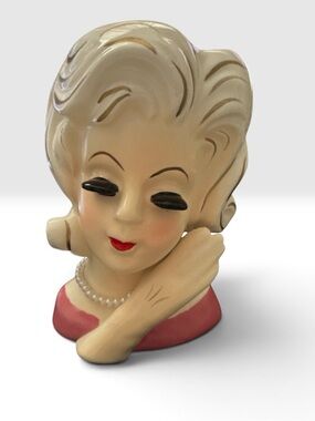 Vintage Nippon Hand Painted Lady Head Vase Blonde Pearls Glamour MCM